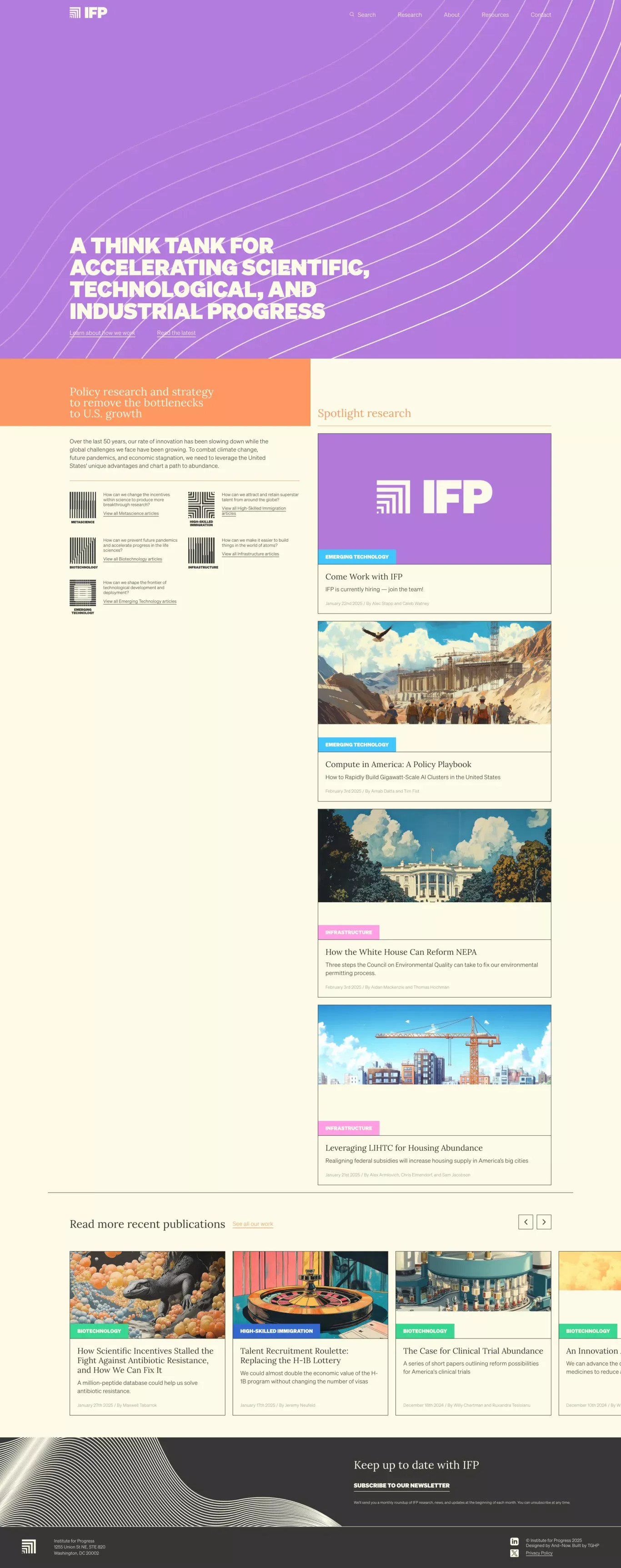 Institute for Progress (IFP) landing page screenshot showcasing Education and Local Business design