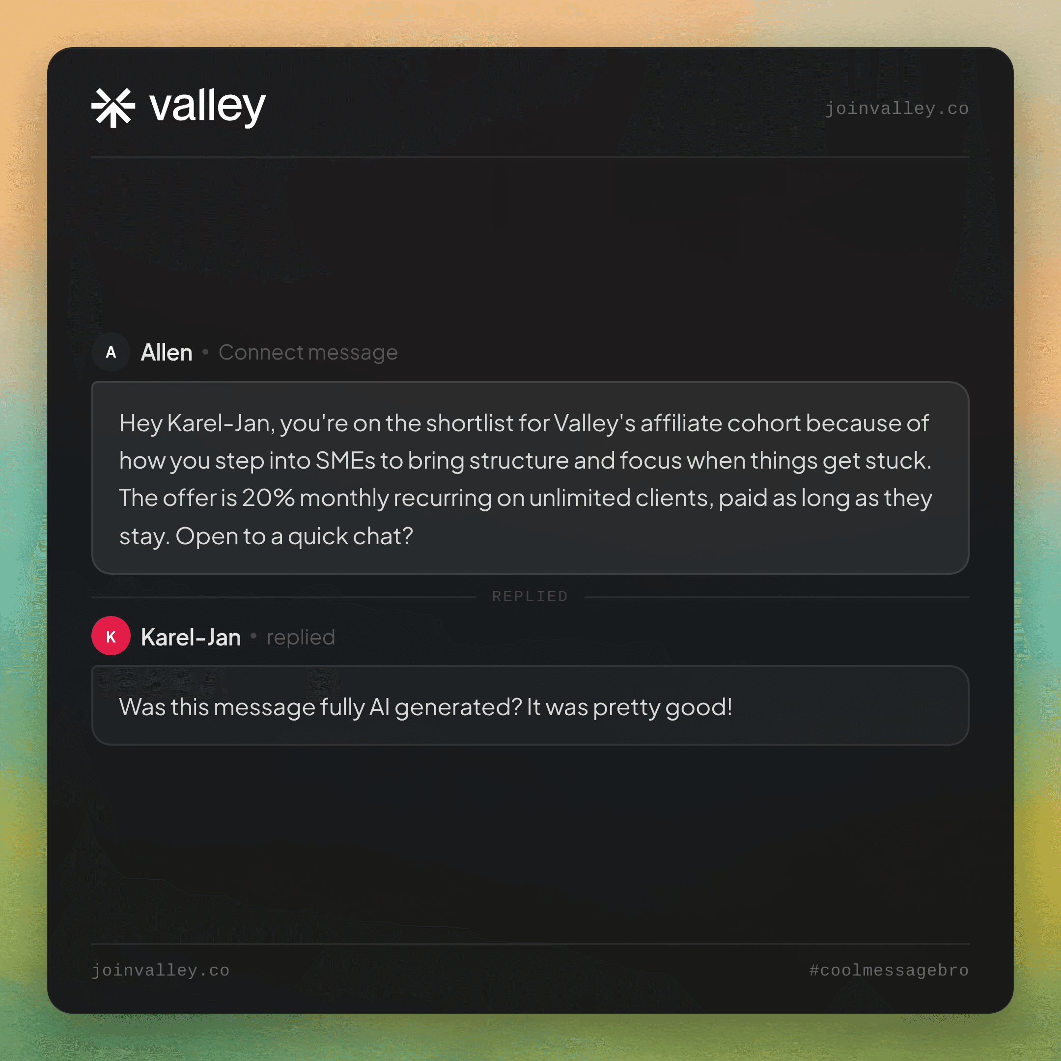 Example of Valley's research-driven outreach: actual message and actual prospect response (coolmessagebro.com)