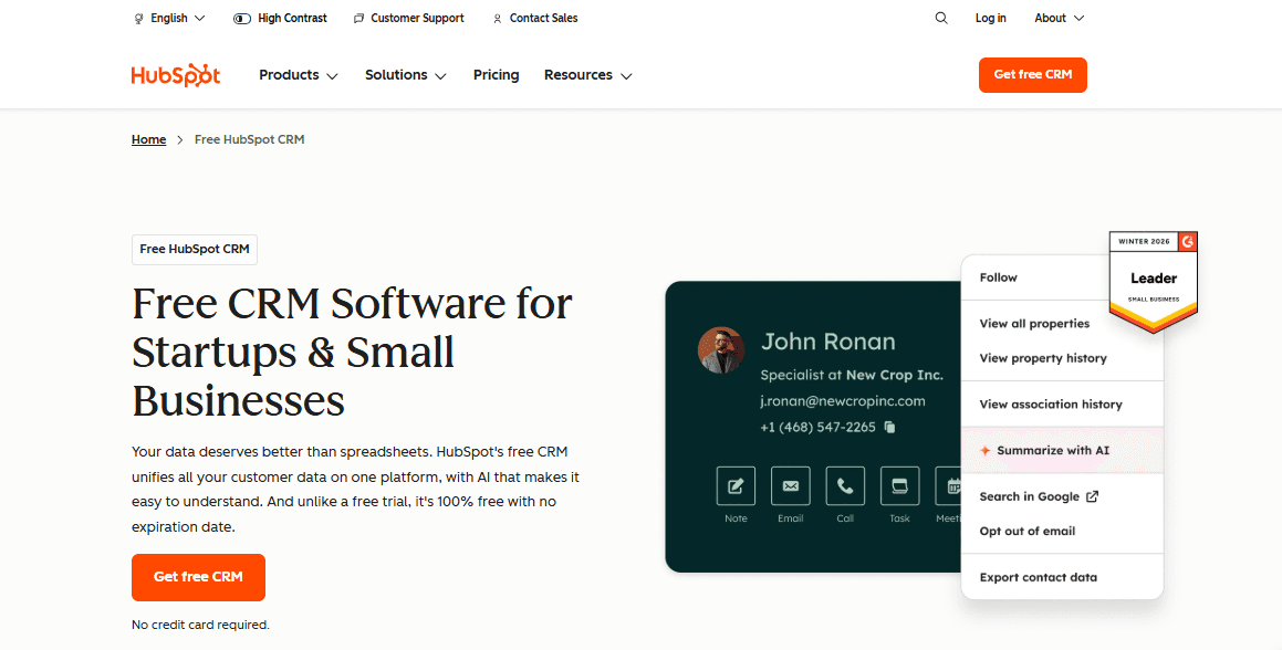 Screenshot of HubSpot homepage