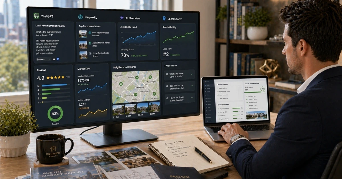 A real estate agent analyzing ChatGPT local housing market recommendations and search data on a laptop screen.