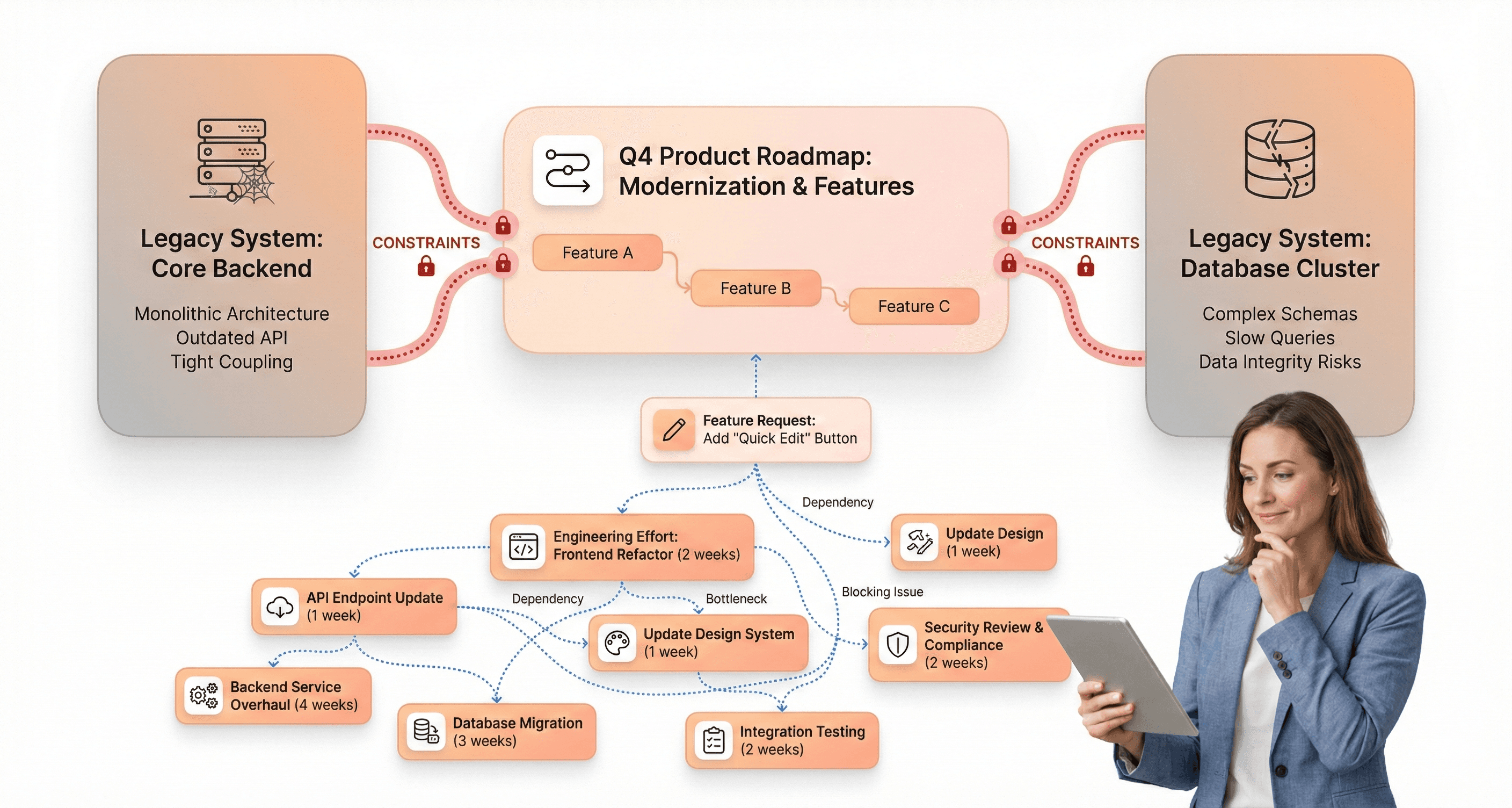 Product roadmap limited by legacy technology, where small feature changes require large engineering effort due to system constraints.