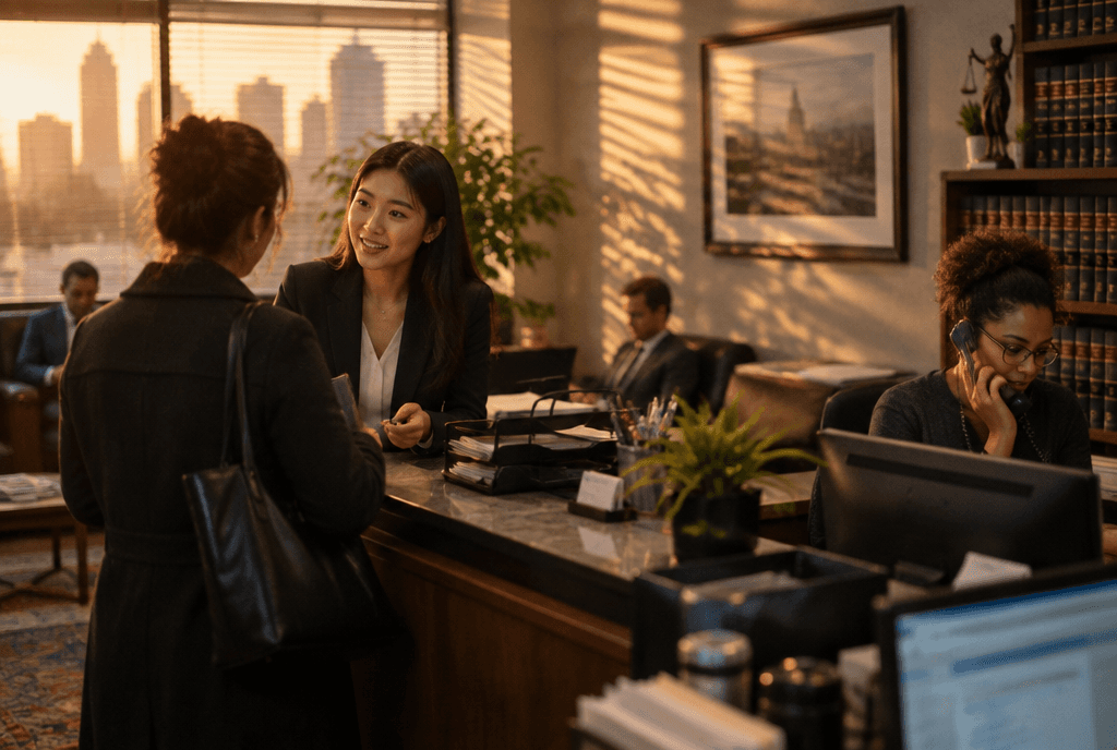 Attorney meeting a client across a desk in a law office