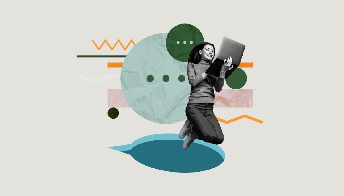 Collage of person jumping with laptop and abstract shapes, symbolizing what an embedded software engineer does.