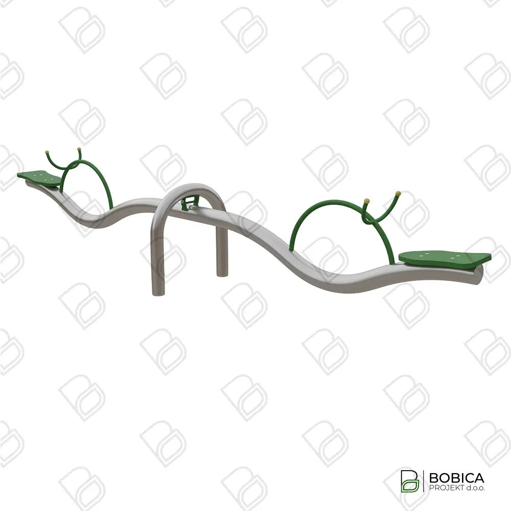Moderna klackalica na valovitoj čeličnoj gredi za dvoje djece – oprema za dječja igrališta u sivo-zelenim bojama – BOBICA PROJEKT