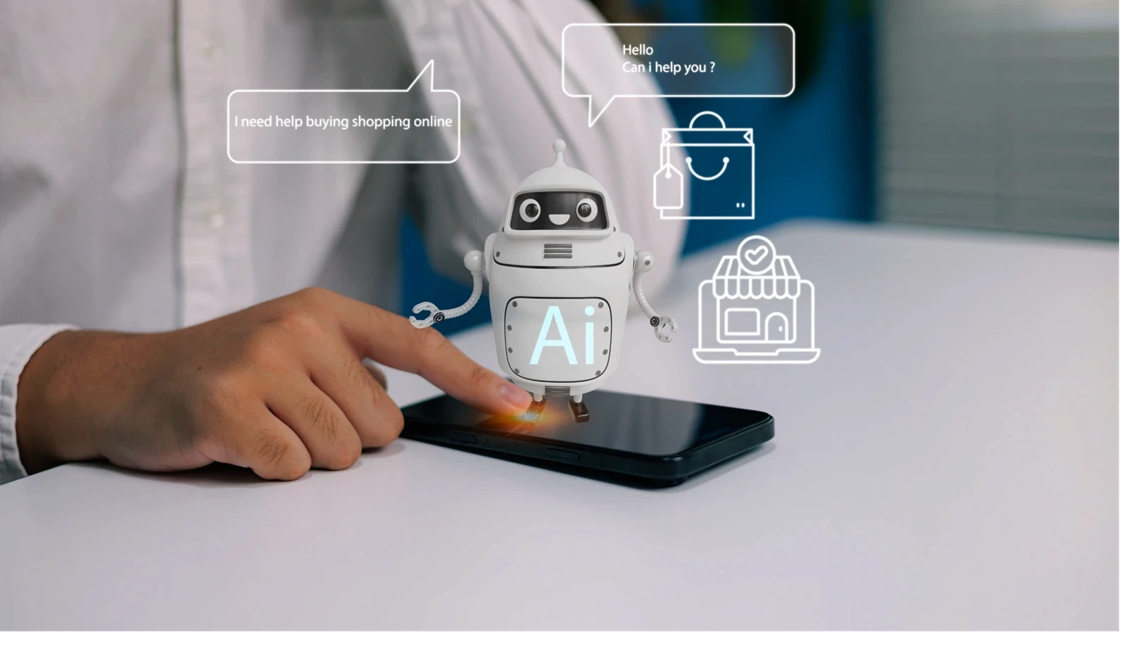 AI chatbot assistant on smartphone helping customer online shopping, Artificial intelligence customer service, e-commerce support automated chat digital retail technology smart shopping experience