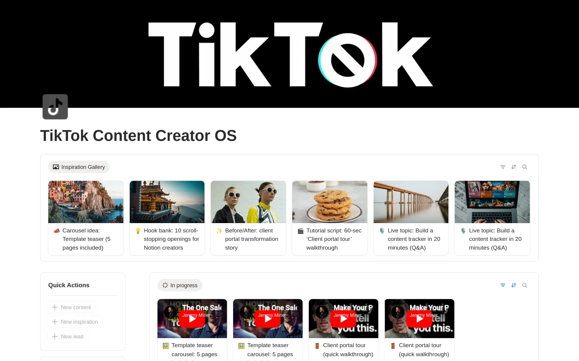 Screenshot of the TikTok Content Creator OS Notion dashboard showing video ideas, scripts, and a content calendar.