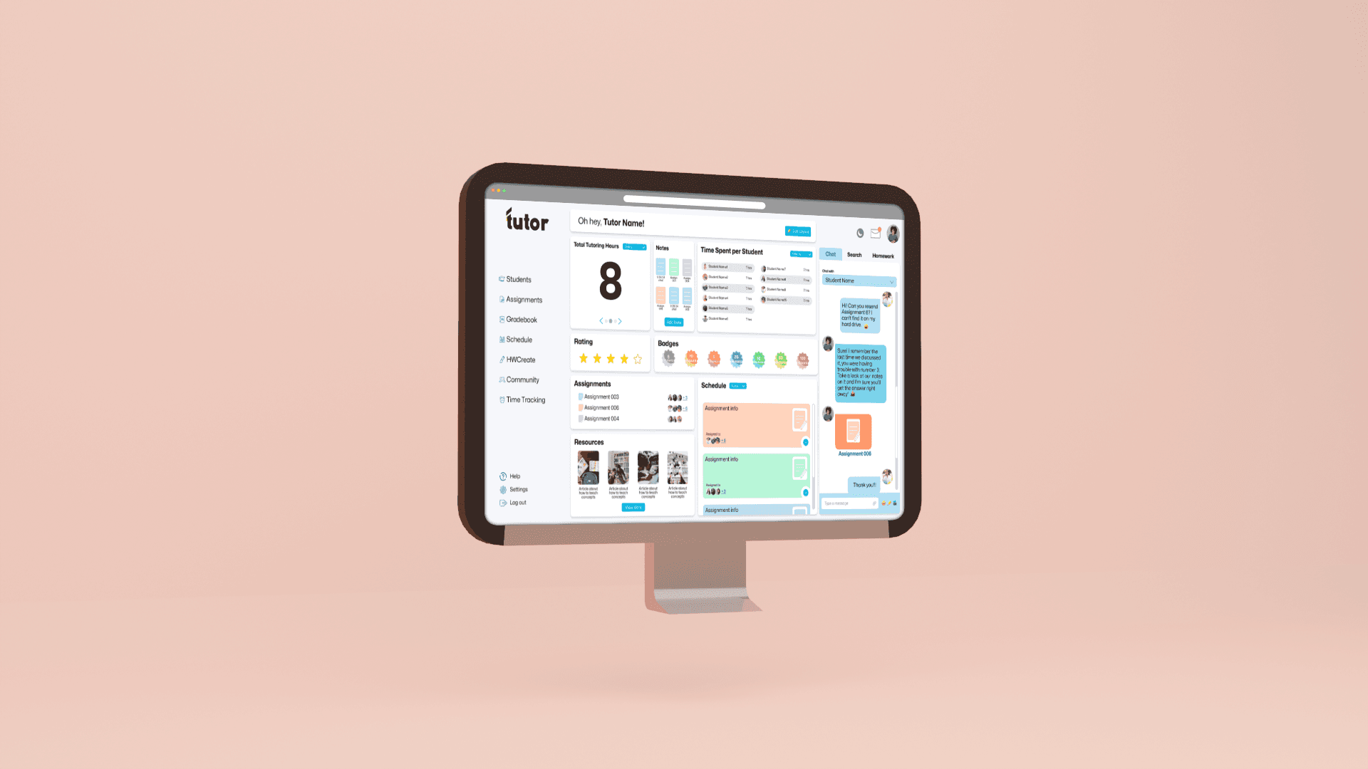 a mockup of a monitor with the tutor dashboard open