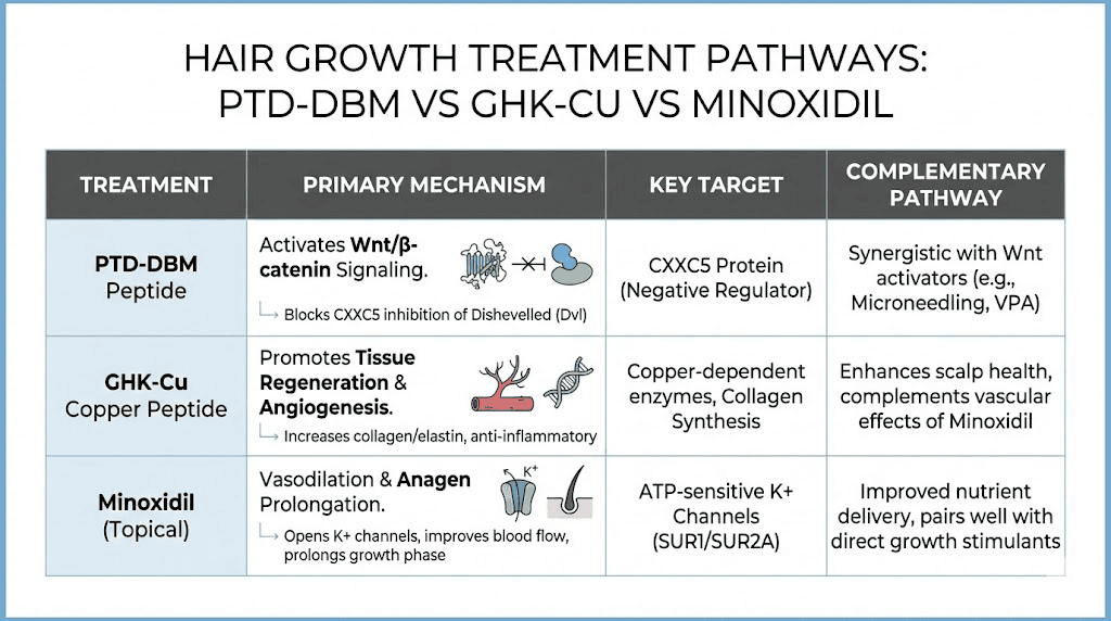 PTD-DBM GHK-Cu minoxidil hair treatment mechanism comparison chart