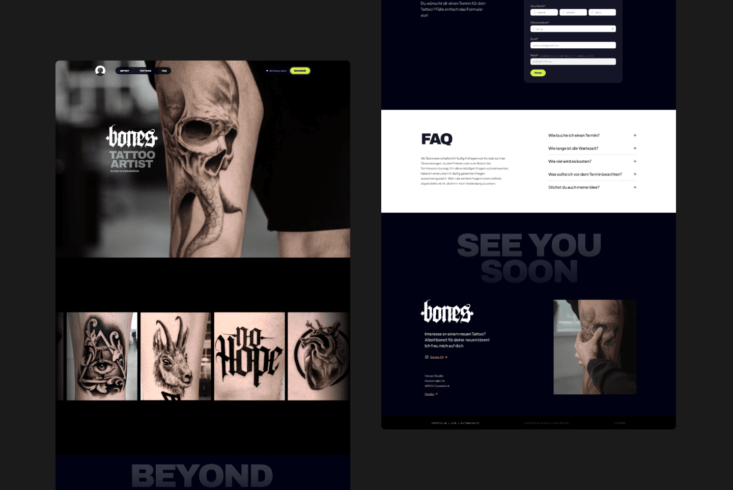 Screendesigns der landingpage eines tattowieres nebeneinander auf schwarzem hintergrund