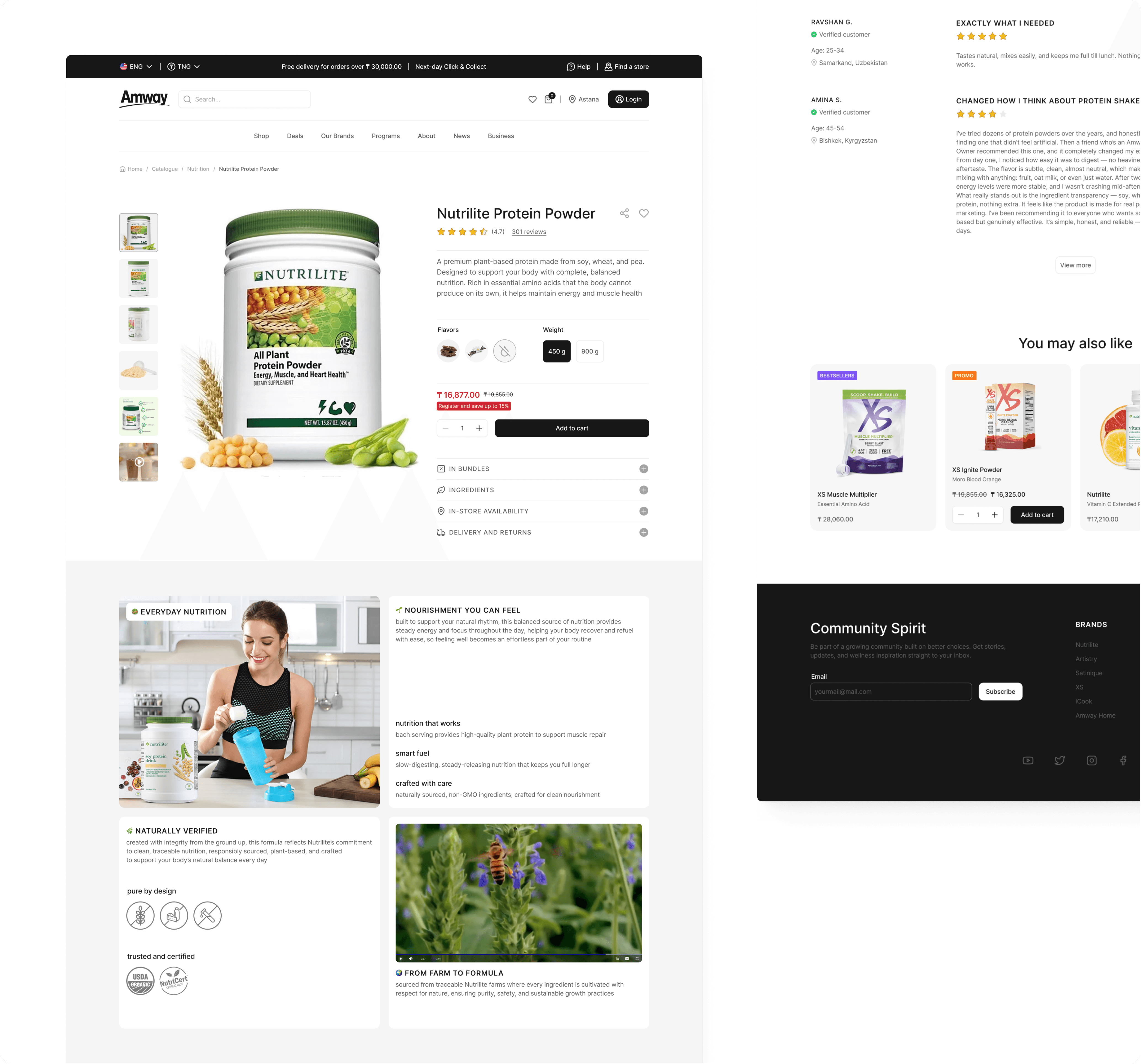 A comprehensive overview of a Nutrilite Protein Powder product page, showcasing the full user experience from detailed item descriptions and customer reviews to lifestyle imagery and community sections
