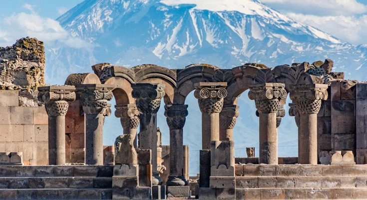 Ancient Armenian ruins with Mount Ararat