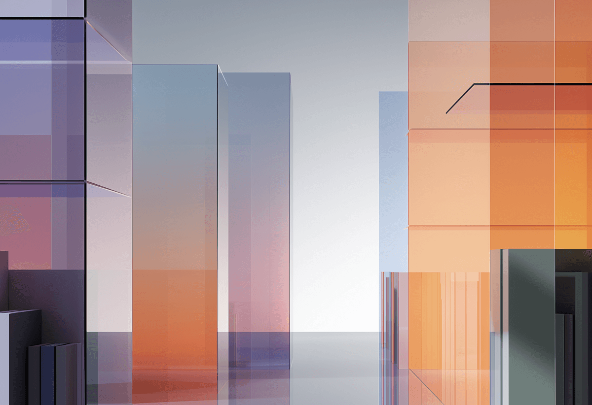 A conceptual view of a library of books made up of 3D glass objects, generated using AI.