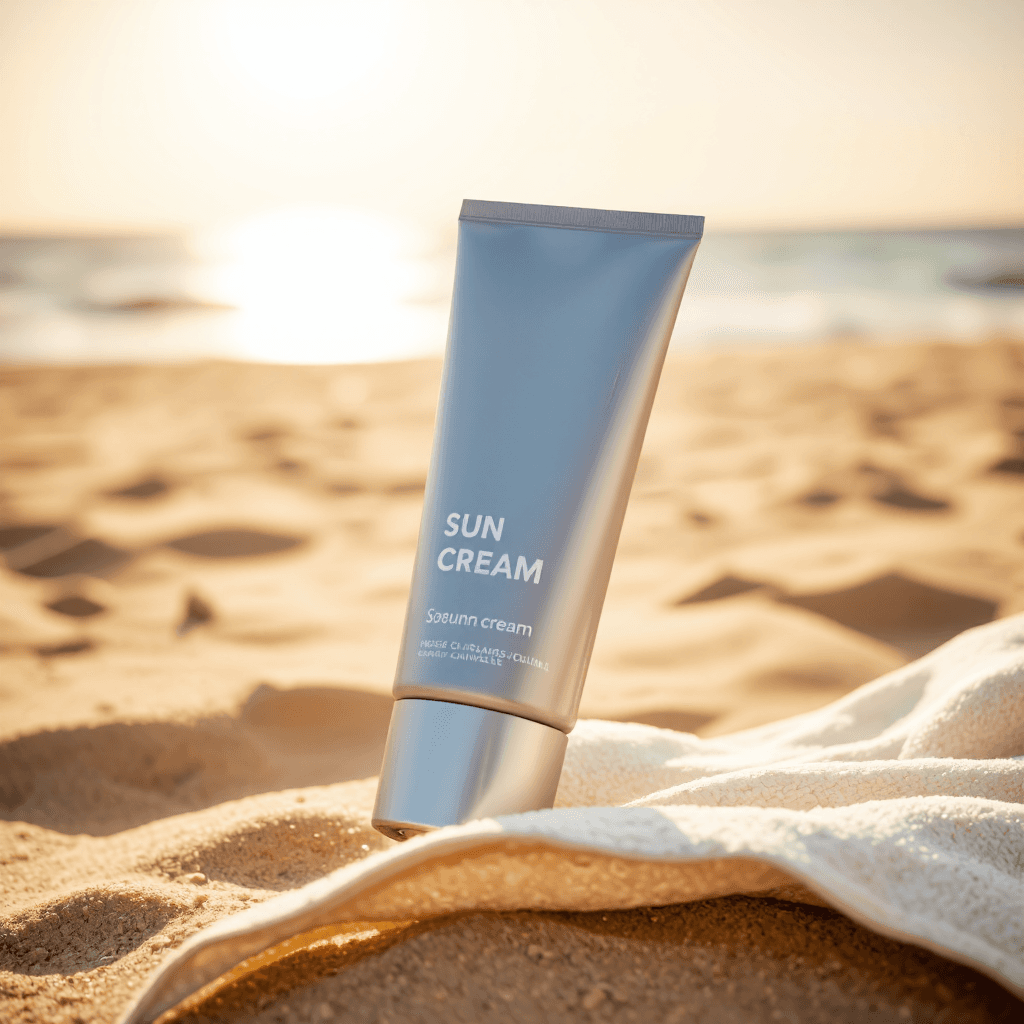 product photography of a tube of sun cream with brightening and anti-wrinkle properties