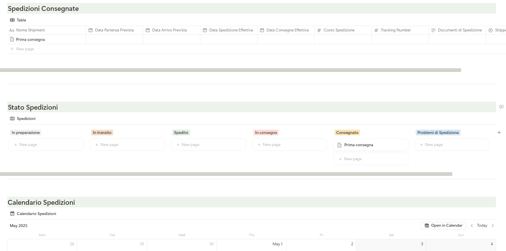 Pagine delle spedizioni