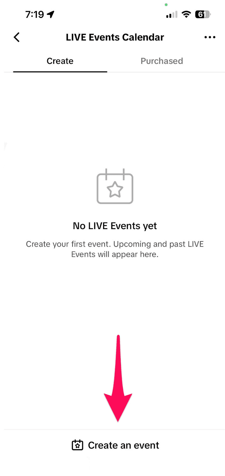 A screenshot of the TikTok LIVE Events Calendar with a "Create an event" button highlighted by a pink arrow.
