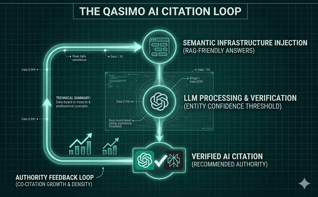 Qasimo Systems GEO Strategist UK AI Citation Feedback Loop Technical Schematic