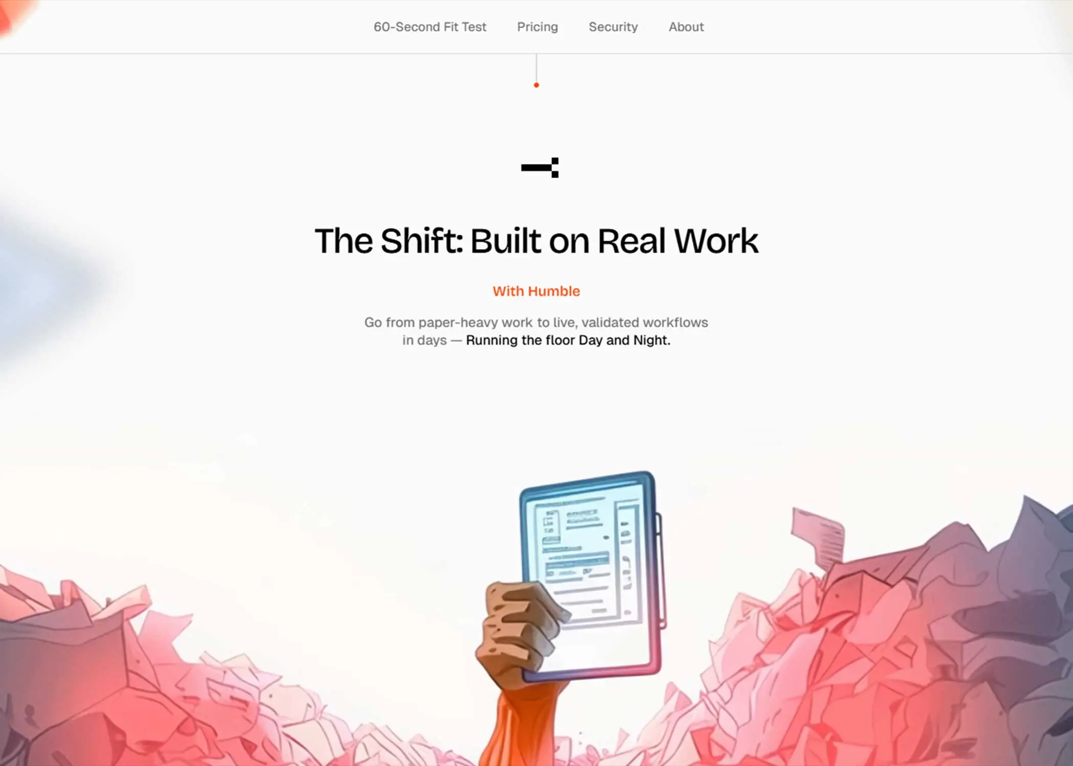 Humble Factory homepage featuring a clean hero section with strong visual hierarchy, minimalist typography, and custom illustrations.