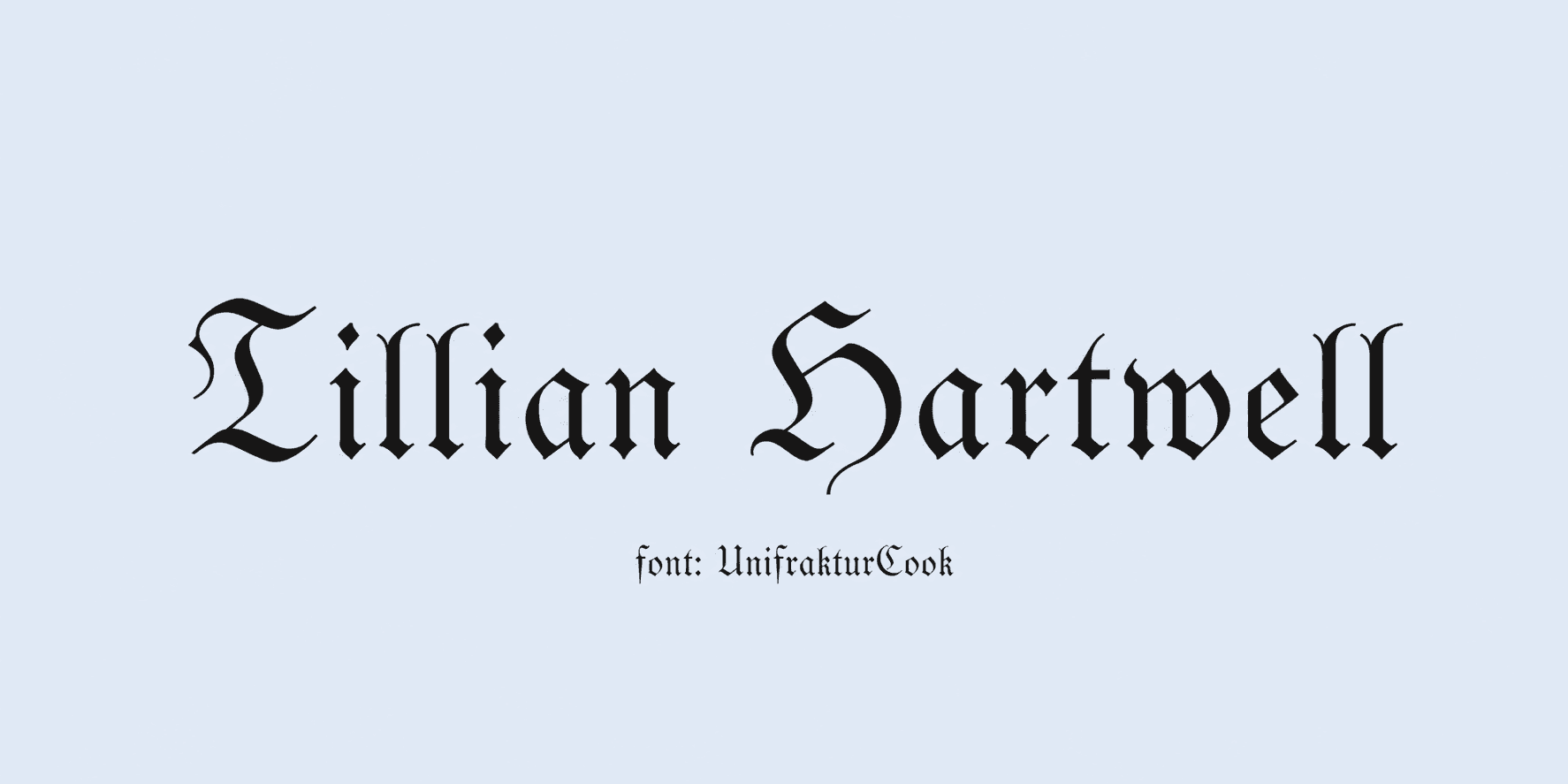 Sample name signed in a cursive signature font on a light background, with the font name labeled below.