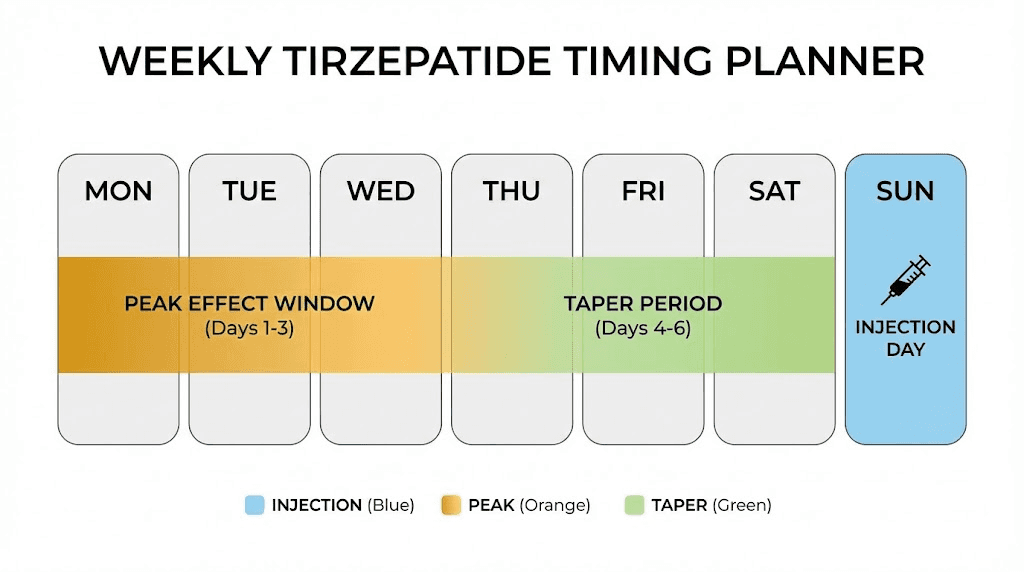 Weekly tirzepatide injection cycle showing peak effects and taper periods throughout the week