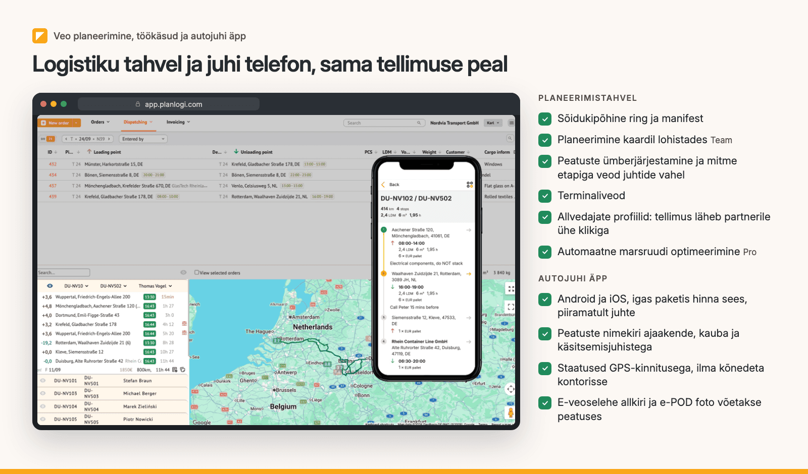 Planlogi planeerimistahvel kaardil marsruudiga ja autojuhi äpp, mis näitab nelja peatusega ringi ajaakende, kaubainfo ja e-POD-iga