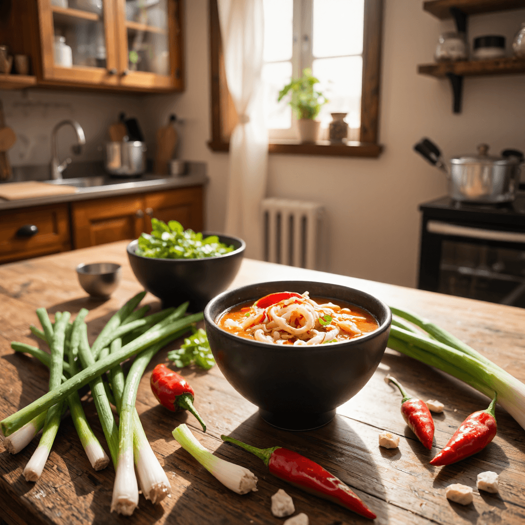 product photography of bowl of spicy squid and bean sprout soup