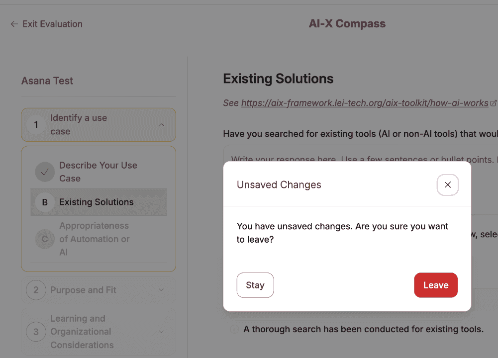 AI-X Compass evaluation with an Unsaved Changes dialog offering Stay or Leave