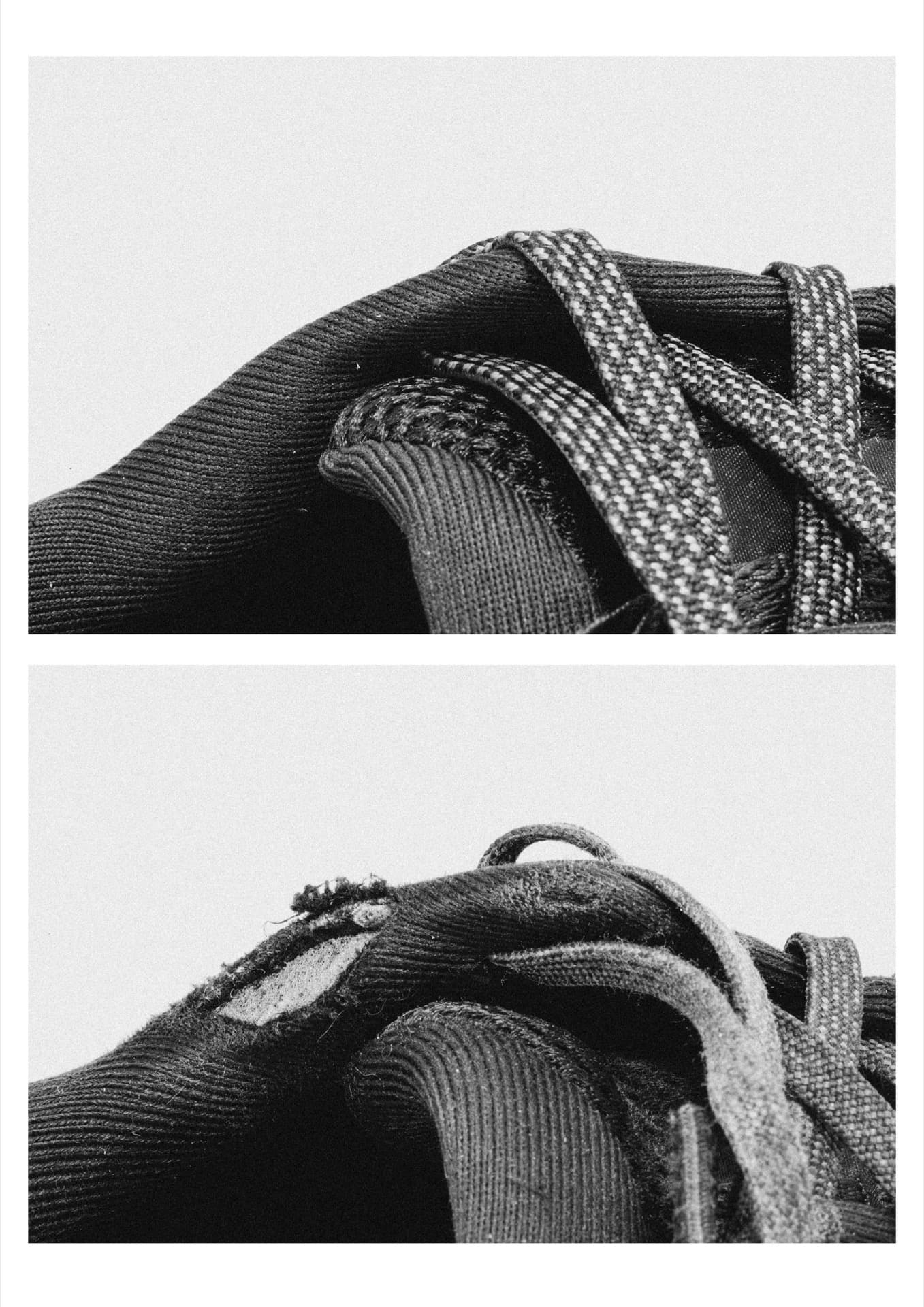 Patterned laces crossing worn Altra ribbed textile showing progressive upper deterioration