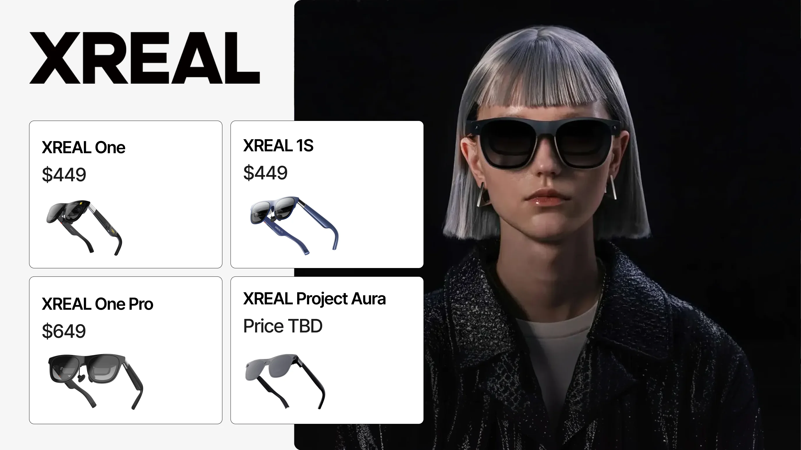 XREAL smart glasses product overview showing four models: XREAL One at $449, XREAL 1S at $449, XREAL One Pro at $649, and XREAL Project Aura at price TBD, alongside a model wearing black XREAL display glasses