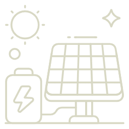 Solar panel connected to a battery with sun and sparkle symbols, representing solar energy storage.