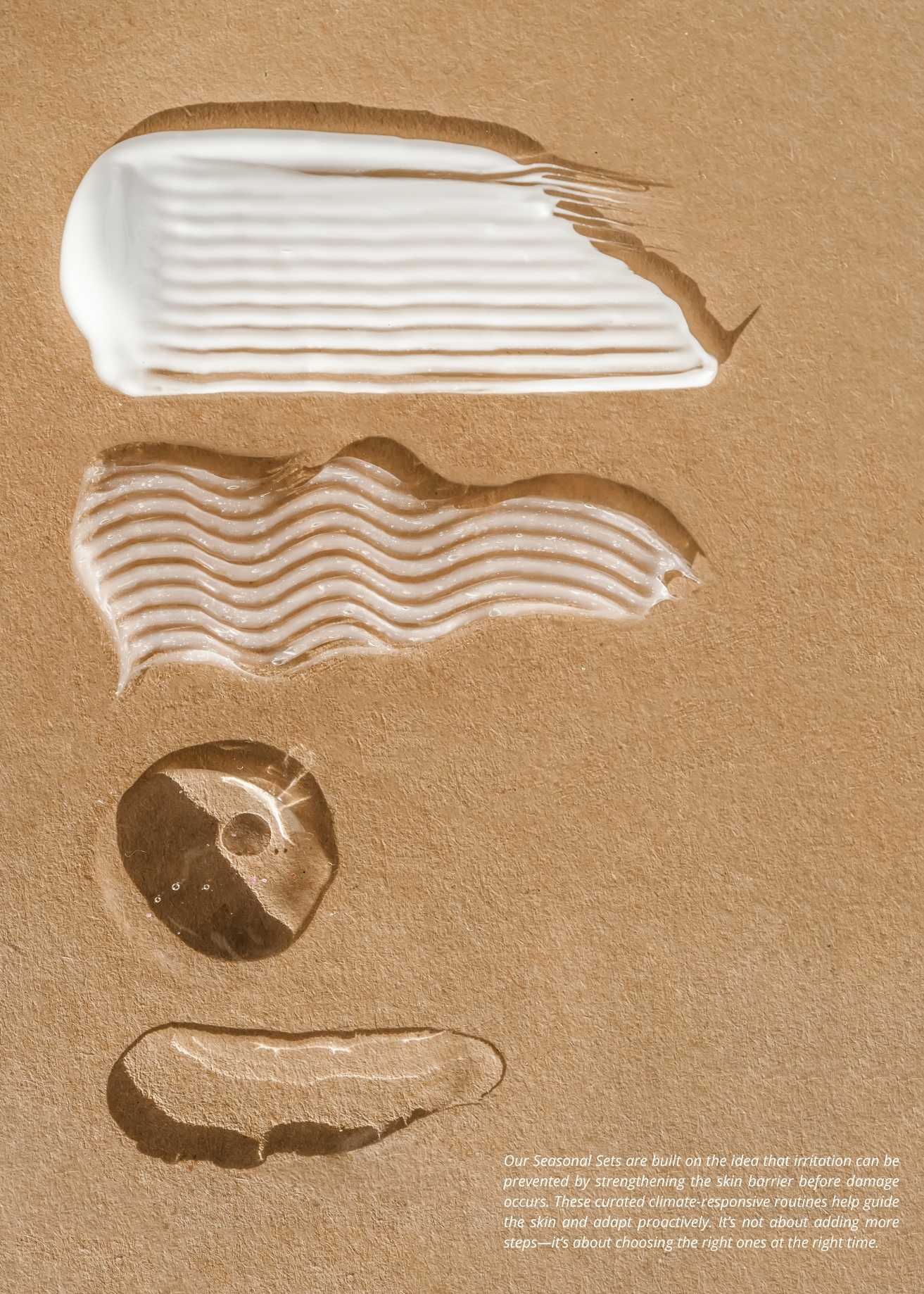 Sael Seasonal Skincare cream textures and natural pigments displayed on sandy background showing product texture and formulation details.