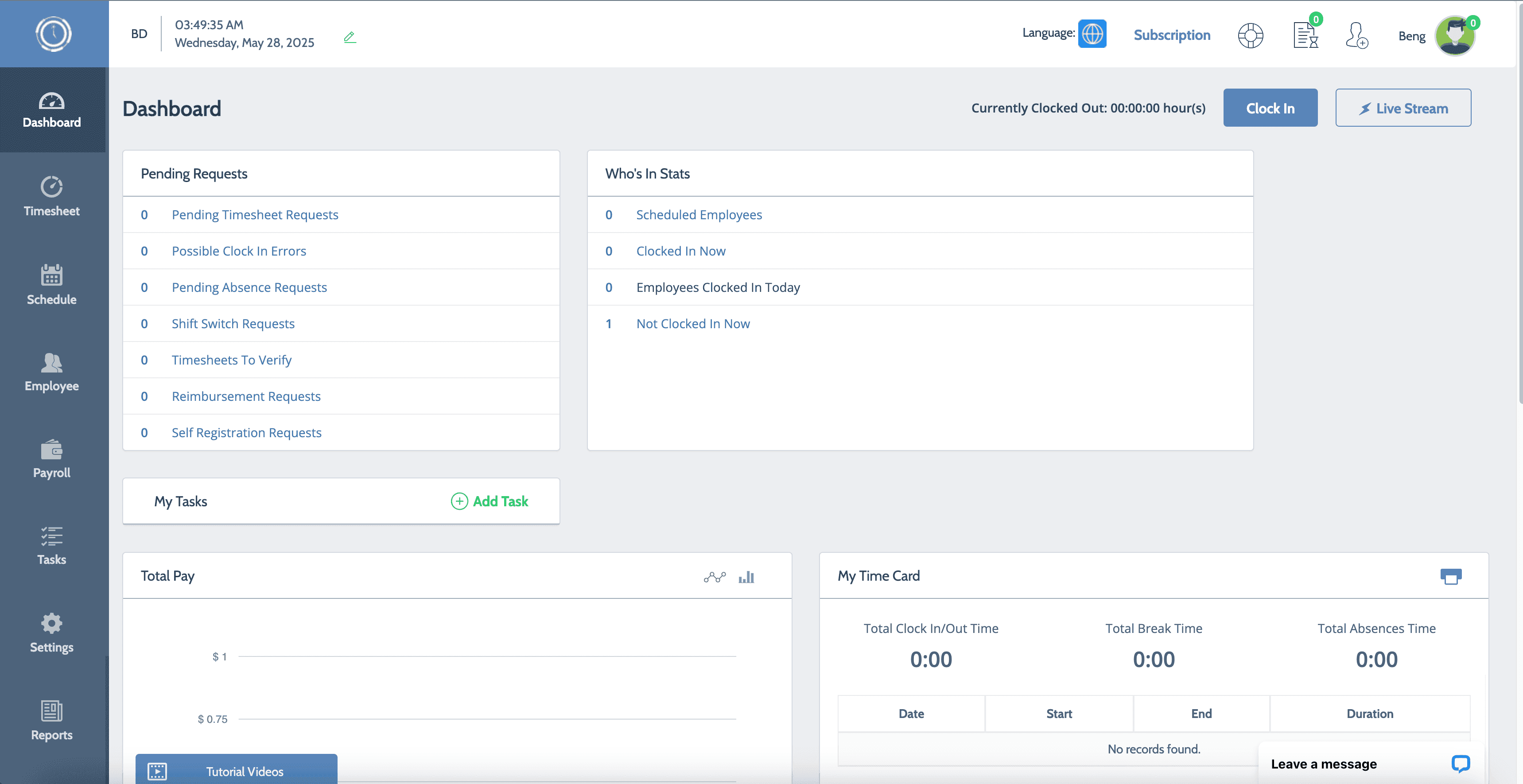 Time Clock Wizard's dashboard for managing clock in/out