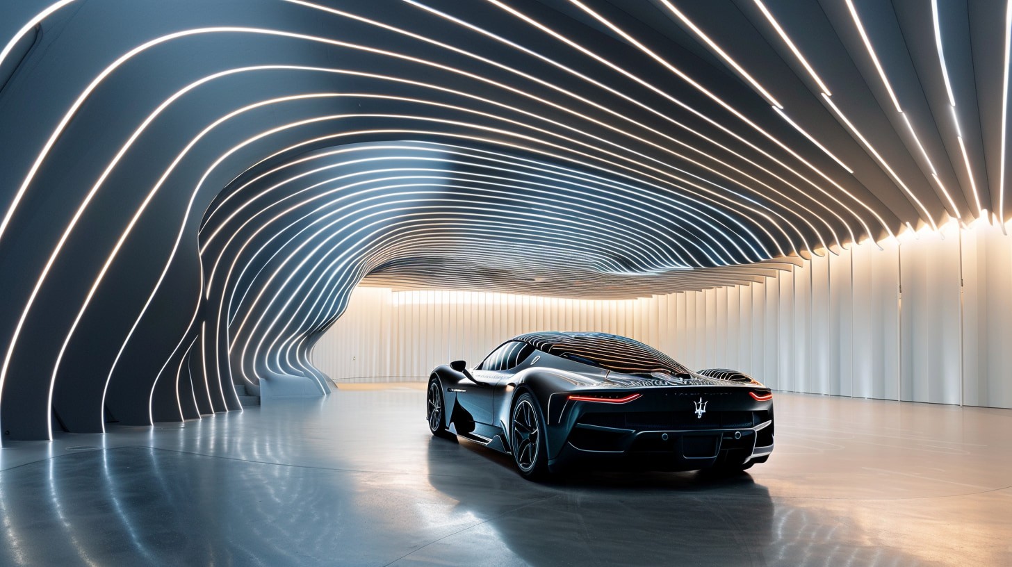 Immersive installation visuals for Maserati by RenaiXance, created with 3D rendering and generative design.