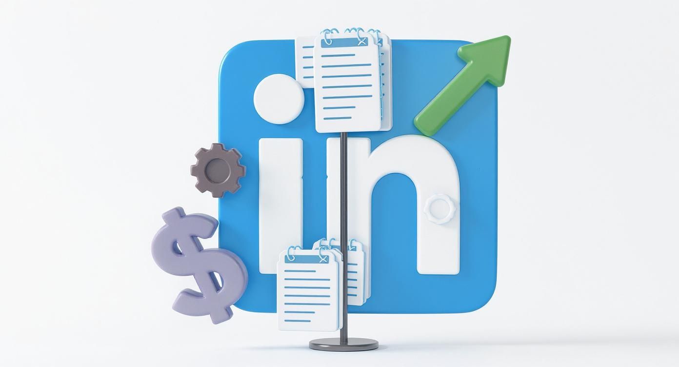 Logo LinkedIn entouré d'icônes représentant la croissance, les paramètres, les documents et les finances pour le B2B