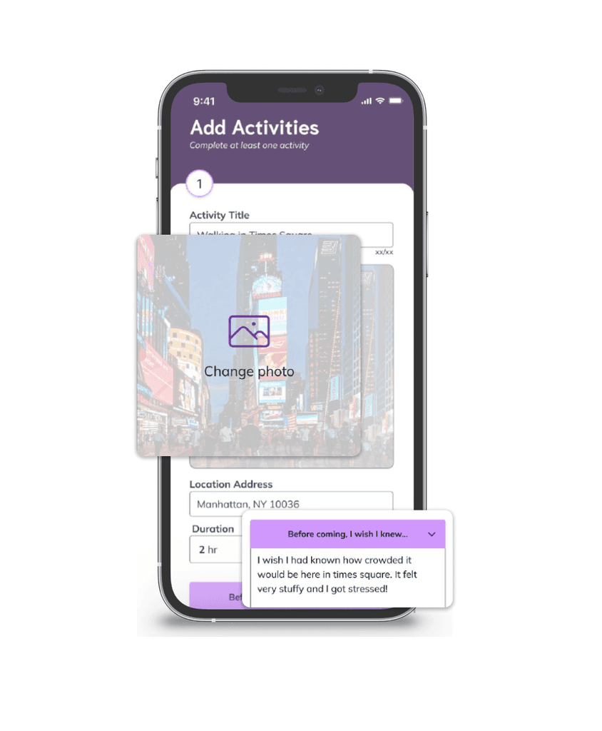 Phone screen displaying sections to upload photos and choose a reflective prompt for writing captions in the guide creation flow.