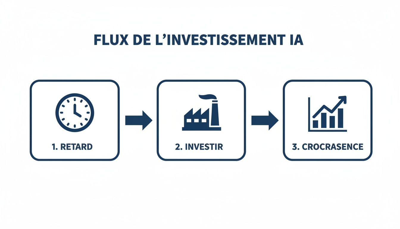 Diagramme illustrant le flux d'investissement en IA avec les étapes de retard, d'investissement et de croissance.