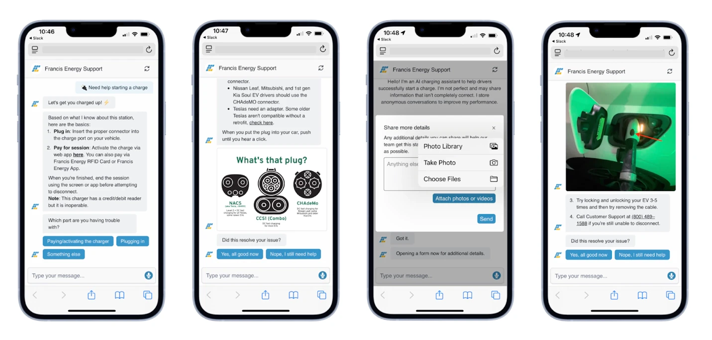 A series of screenshots showing a chat bot assistant for EV drivers, customized with Francis Energy's brand