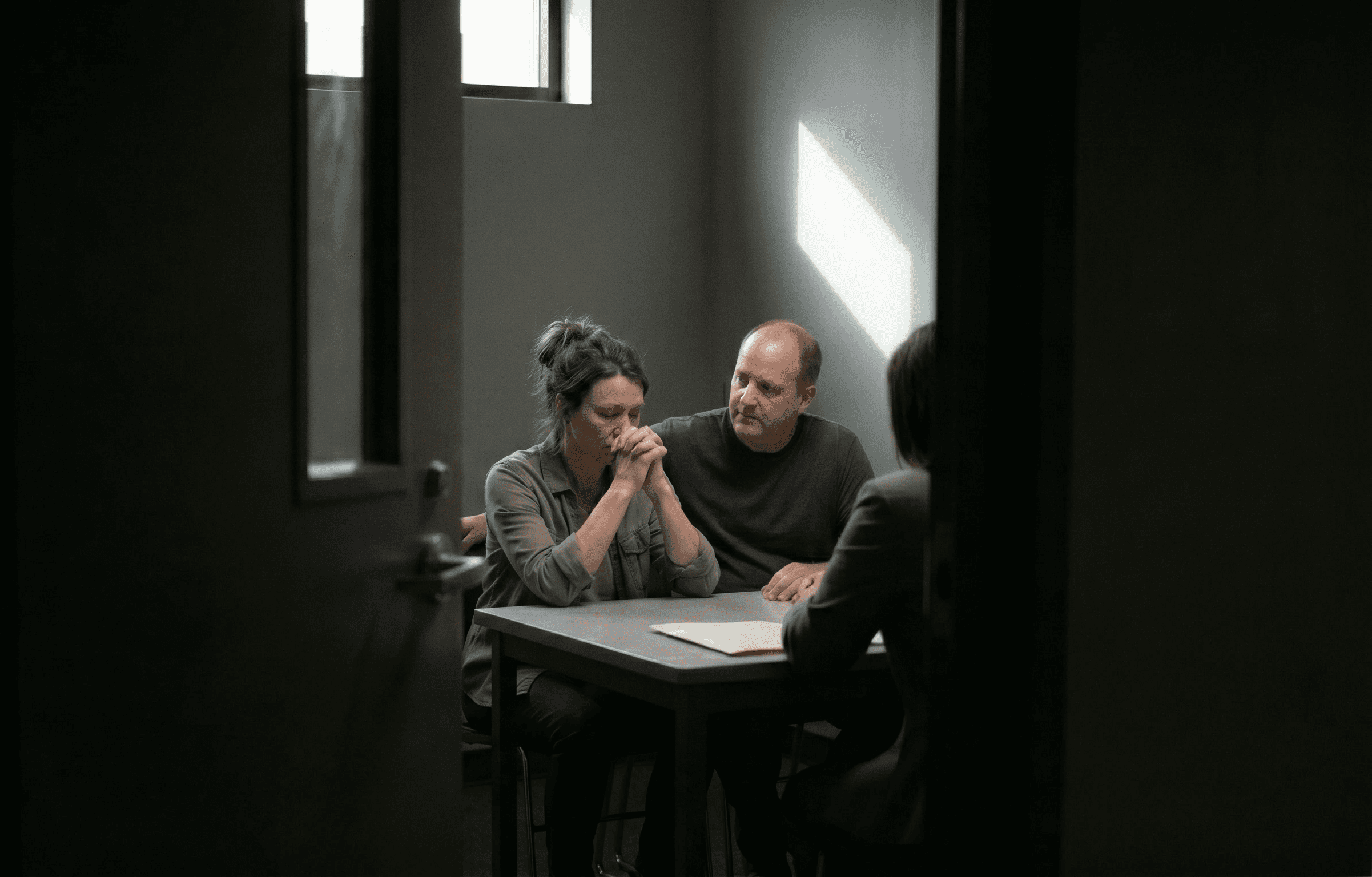 A couple sits in a dimly lit, windowed room on one side of a table, showing concern in a serious discussion with a professional, highlighting a tense atmosphere during a consultation.