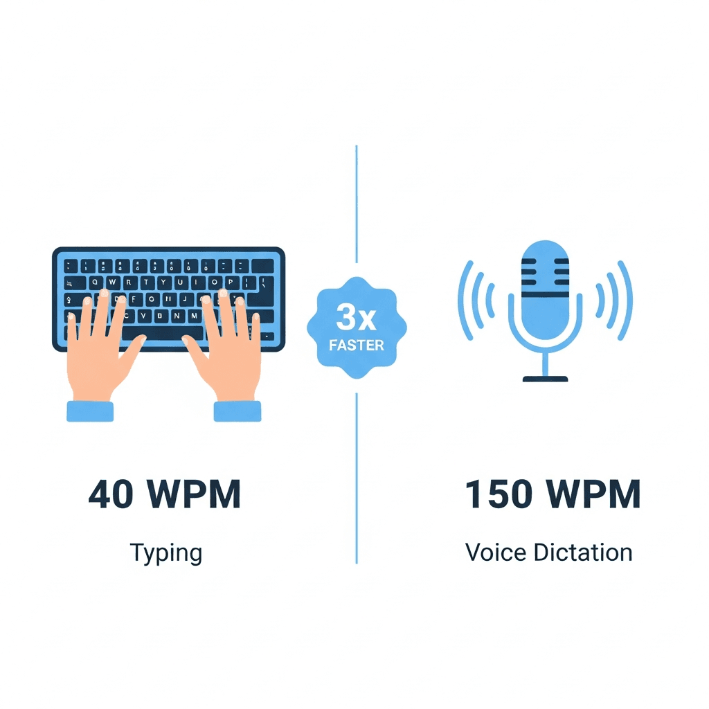 A clean, modern comparison infographic showing typing vs voice dictation speed for product managers. Left side shows hands on keyboard with "40 WPM" and "Typing", right side shows a microphone icon with sound waves and "150 WPM" and "Voice Dictation". Include a "3x Faster" badge or arrow between them. Use a professional blue and white color scheme with minimalist icons. Flat design style, suitable for a business blog post about productivity.