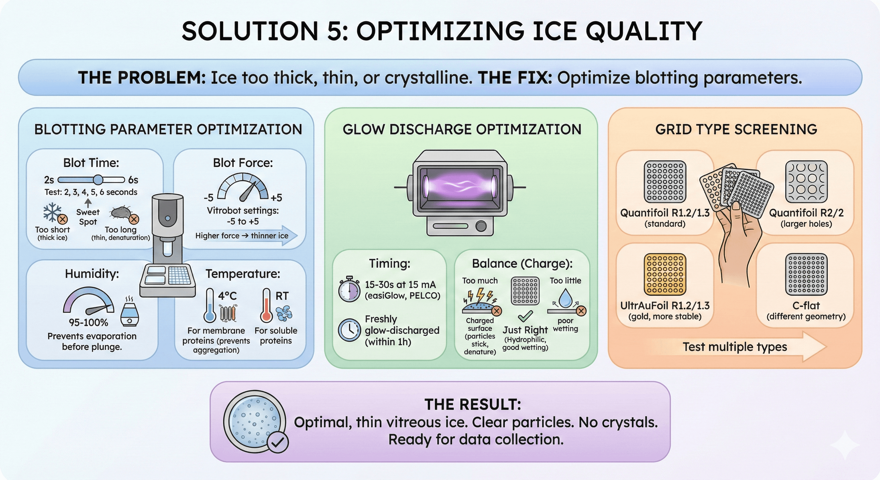 Diagram Explaining How to Optimize Ice Quality for Cryo-EM Sample Prep