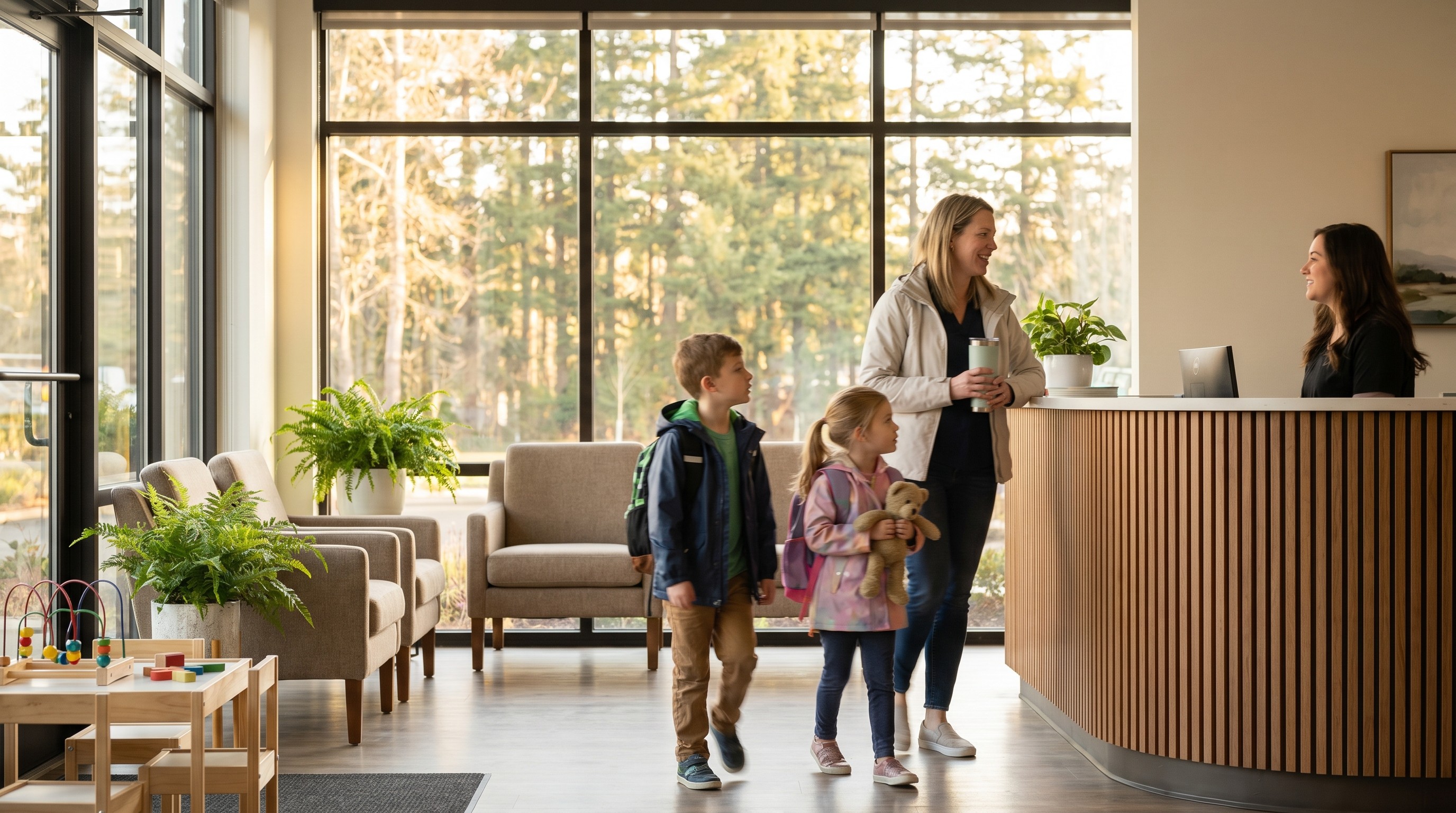 A Tigard mother and two young children arriving at a bright family dental office lobby on a spring morning