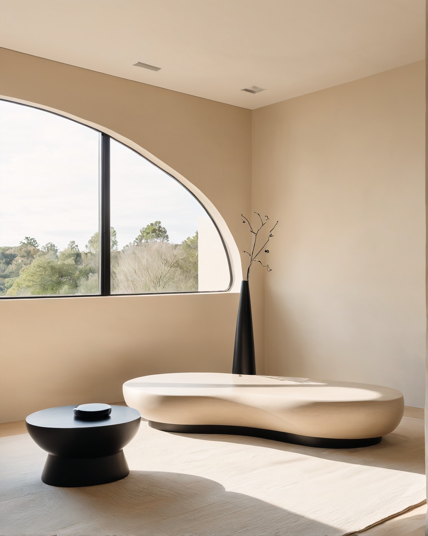 Minimalist white arch doorway and playful mirror detailing