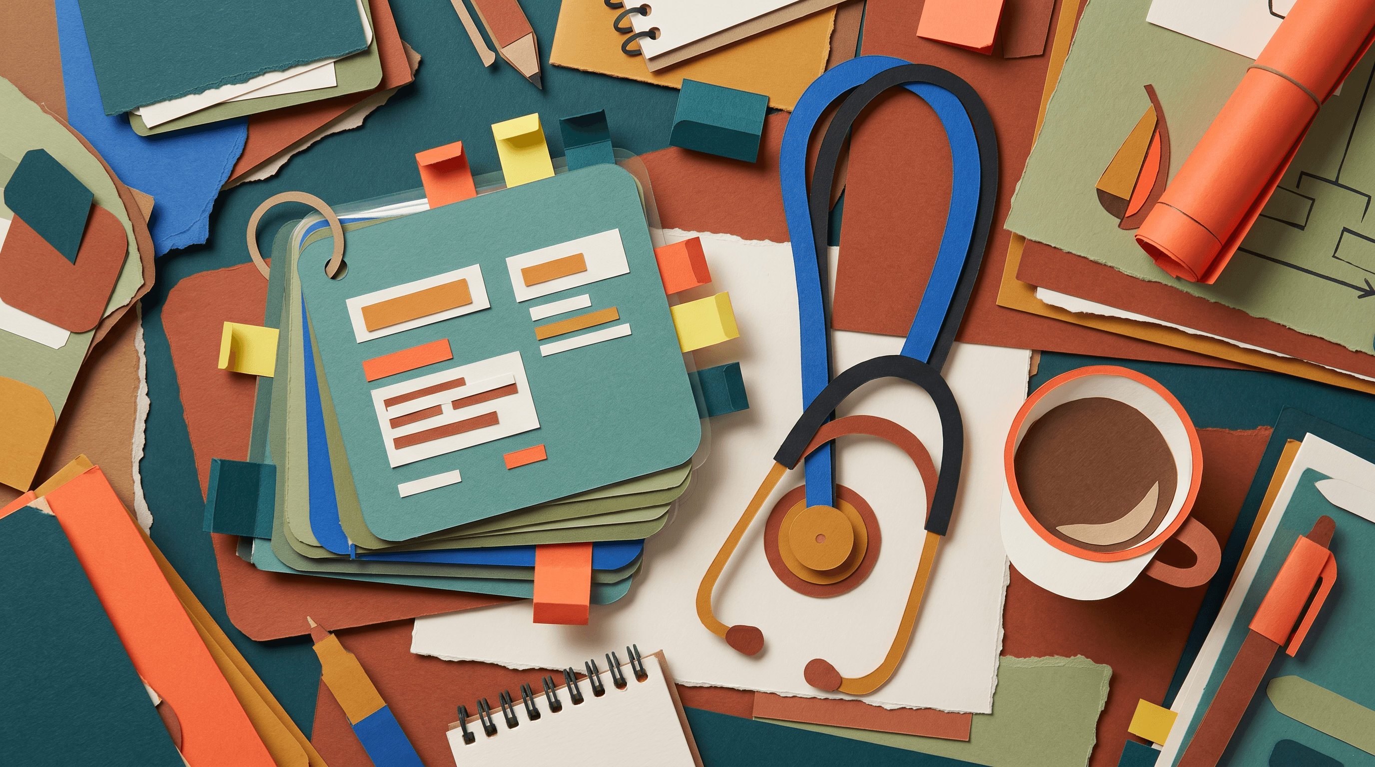 Pharmacology flashcards on a crowded study desk