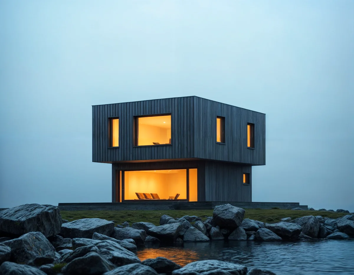 An architectural view of a modern house close to a canal 