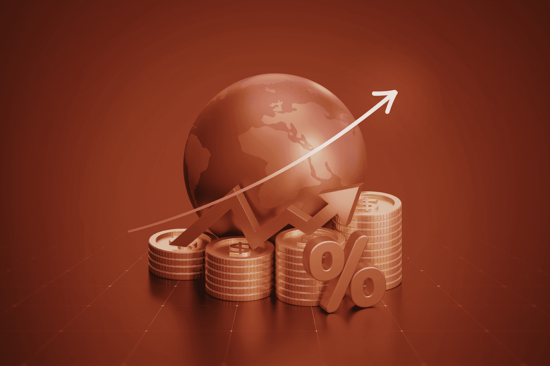 3D rendered illustration of stacked gold coins with a percentage symbol, upward and downward arrows, and a globe against a deep red background.