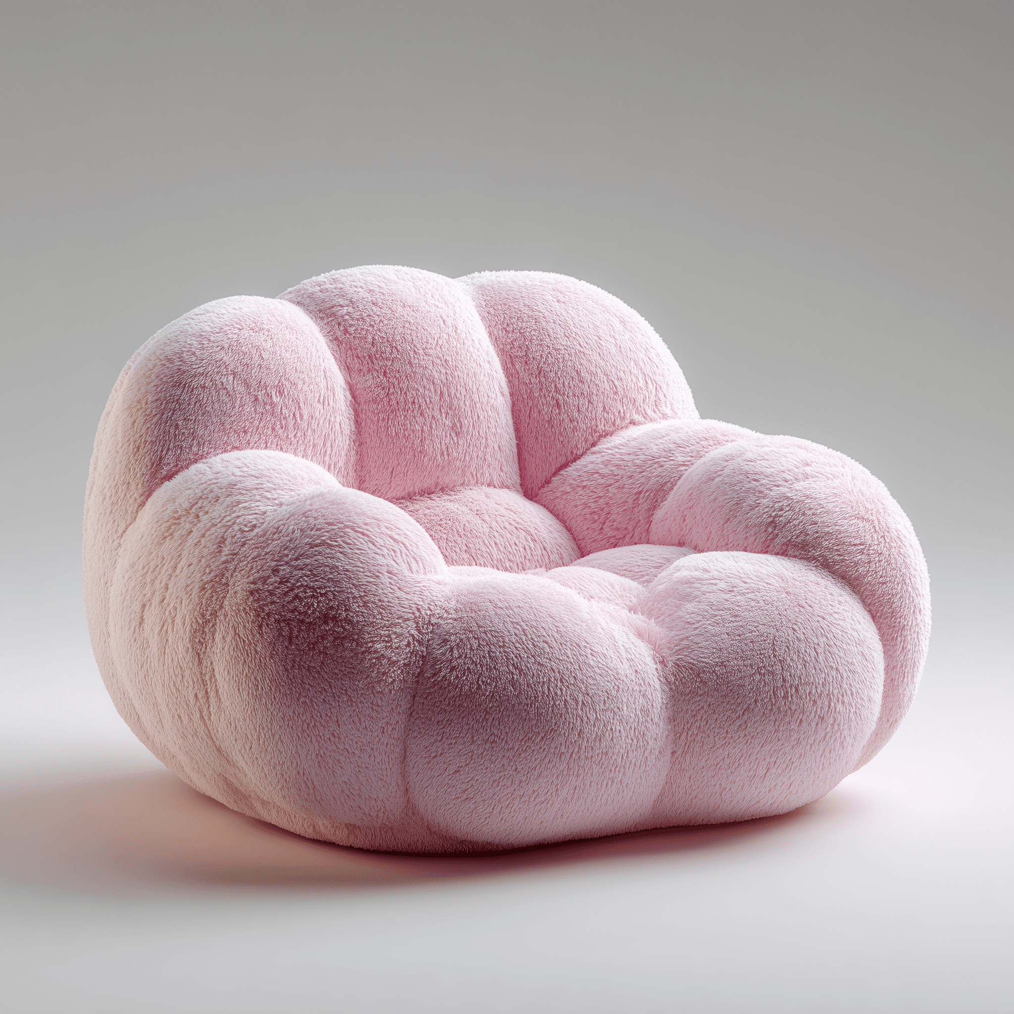 A 3D-rendered pastel pink plush chair with soft rounded bubble-like cushions on a minimal gray background.