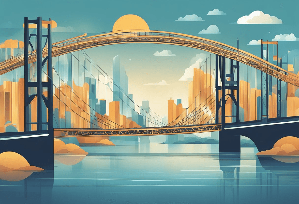 HR strategies align with industry trends. HR connects with job seekers effectively. The scene depicts a bridge symbolizing connection and alignment between HR and job seekers