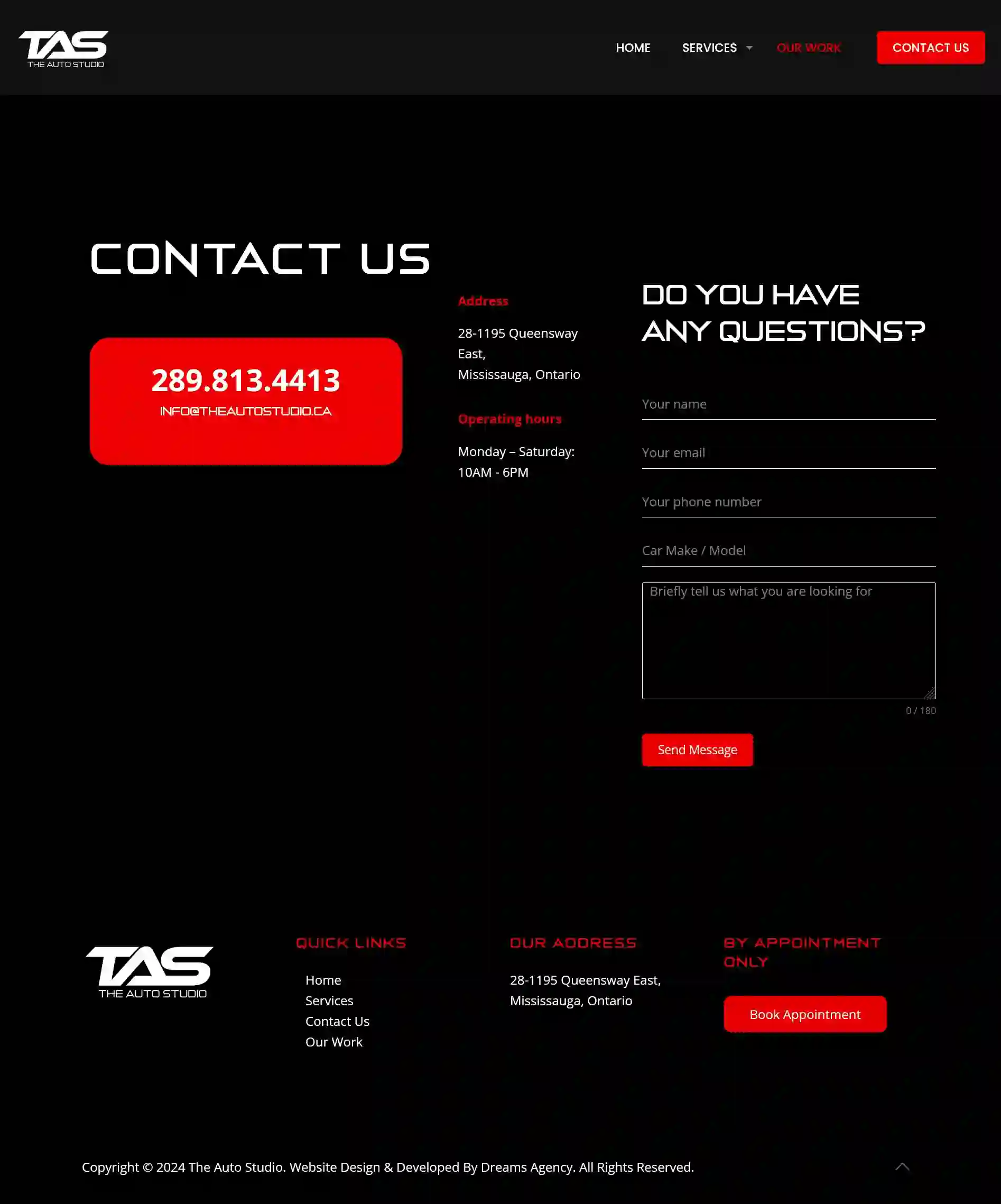 contact us page for theautostudio website developed & designed by Dreams Agency Mississauga, Ontario