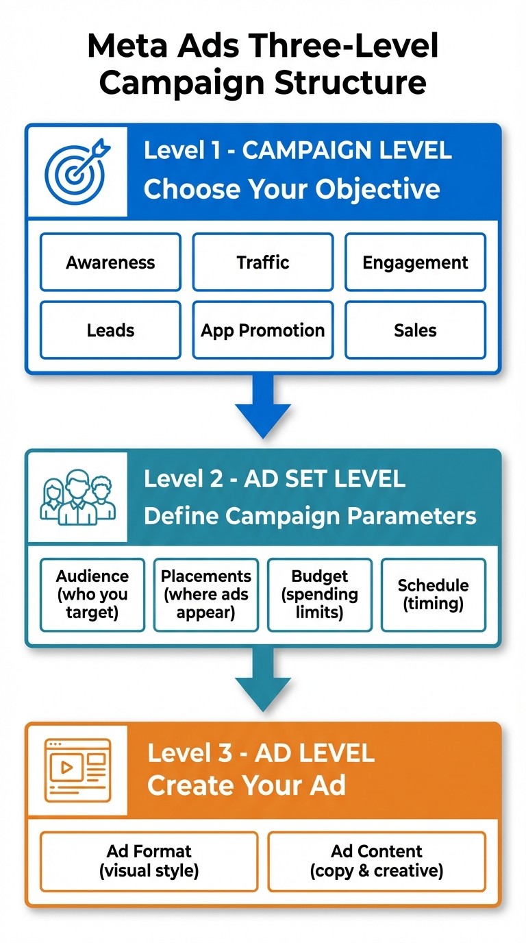 Meta Ads Three-Level Campaign Structure: Campaign, Ad Set, and Ad Level Breakdown