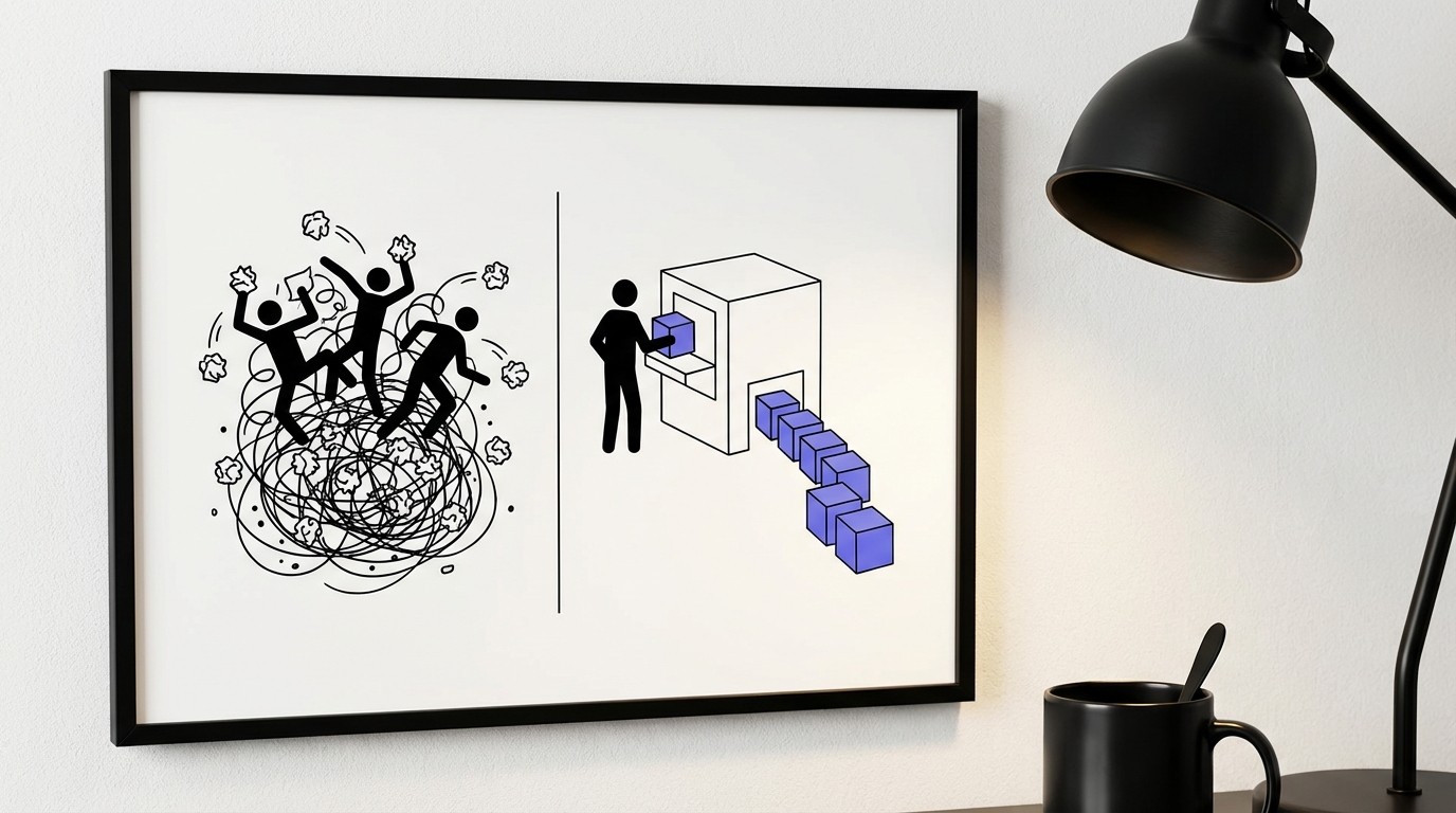 A comparison illustration showing a chaotic, tangled mess of people struggling with manual paperwork versus a streamlined, automated process that flows in a straight, organized line.