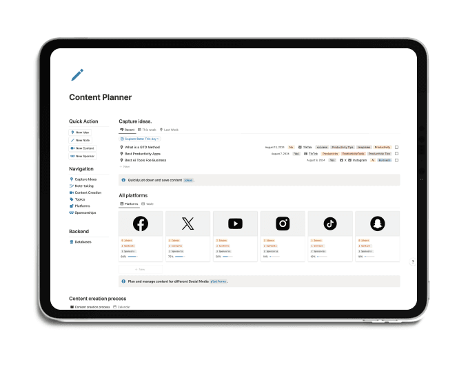 Content Creator's the All-in-One Notion Template! This isn't just another Notion template – it's a meticulously crafted system designed to empower your entire content creation journey. Here's a glimpse of what awaits you